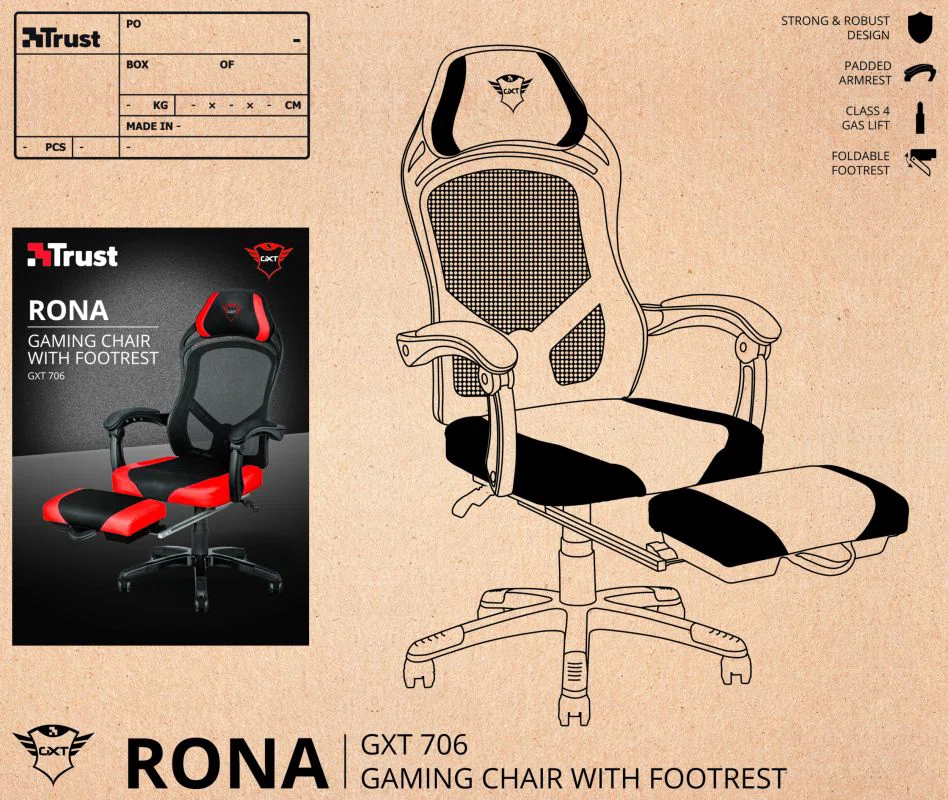 Trust GXT 706 Rona Gaming Chair with footrest Black/Red - 8. kép